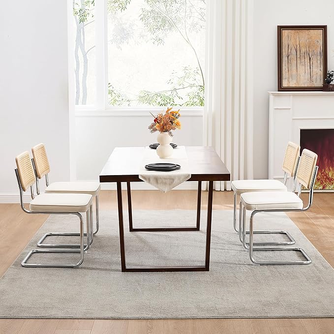 Zesthouse Natural Rattan Dining Chairs Set of 4, Mid Century Modern Dining Chairs with Solid Wood Back & Chrome Base, for Kitchen Living Room, Breuer Design Inspired, Upholstered Linen Fabric, White
