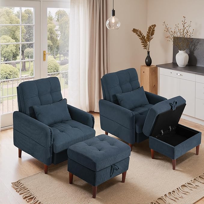 Lumibee Accent Chair with Storage Ottoman, Upholstered Comfy Reading Chair with Adjustable Reclining Backrest, Corduroy Fabric Lounge Chair Armchair for Living Room Bedroom, Navy