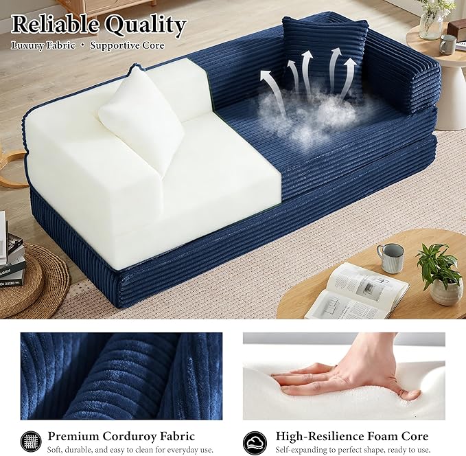Chorlenimi Boneless Couch Futon Sofa Bed Sectional Couches for Living Room,Cloud Couch with Sleeper Sofa,Sofas for Living Room Oversized Corduroy Upholstered (Blue, 76 Inches (No Iron Frame))