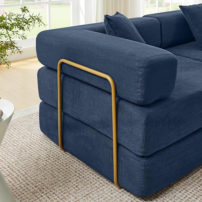 108" Convertible Sleeper Sofa Bed, Corduroy Folding Sofa Bed with Fixed-Shape Frame, Fold Out Floor Mattress Couch, Lazy Compression Sofas for Living Room, Bedroom, No Assembly Required,Blue
