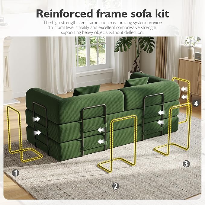 79 Inch 5-in-1 Convertible Sofa Bed, Corduroy Boneless Floor Couch with Fixed Frame & Pillow, Modular Folding Mattress Lounger for Small Space, Living Room, Bedroom - Easy Assembly(Dark Dreen)