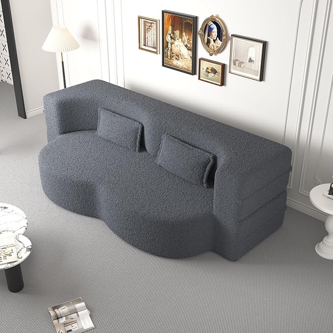 SZLIZCCC 78'' Modern Floor Sofa Bed, Convertible Teddy Fabric Sleeper with 2 Pillows, Modern Teddy Fabric Floor, Foam Folding Mattress for Living Room, Guest Bed, Playroom & Small Spaces (Grey)