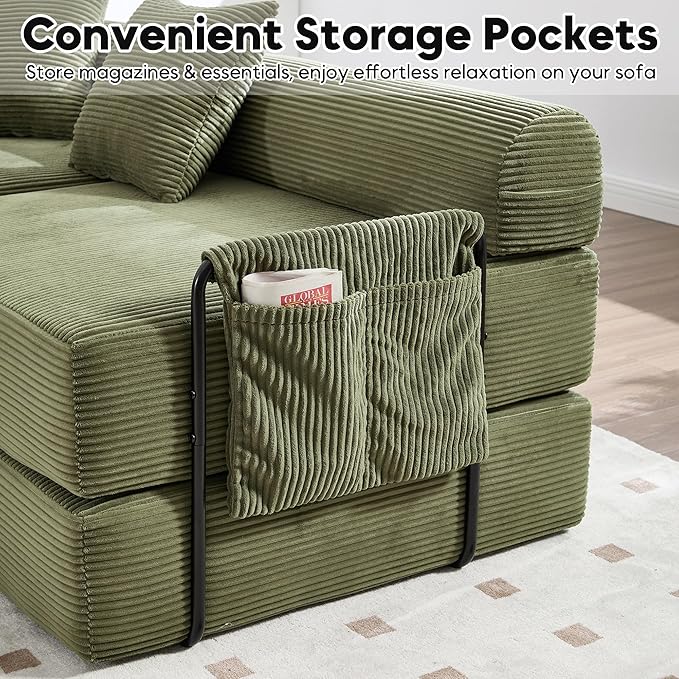 L Shape Convertible Sofa Bed with Cylindrical Pillow and Storage Pocket, Convertible Sofa Couch Bed with Support Frame for Living Room Bedroom Children Room-Oliver Green