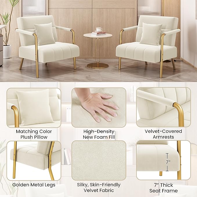 Yaheetech 30" W Accent Chair Velvet Oversized Armchair Living Room Chair with Golden Frame & Cozy Pillow for Living Room, Bedroom, Office Beige
