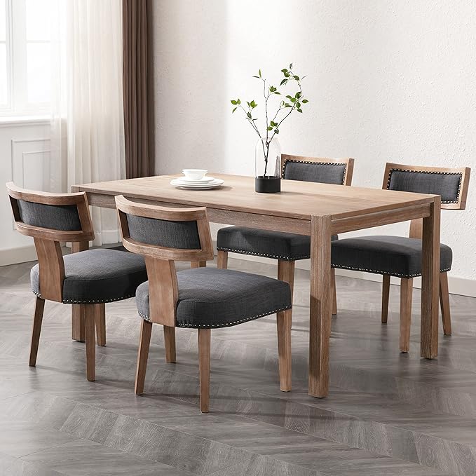 RIVOVA Mid Century Modern Dining Chairs Set of 2 Linen Fabric Upholstered Kitchen Side Chairs with Nailhead Trim, Modern Kitchen Armless Solid Wood Dining Chairs, Charcoal