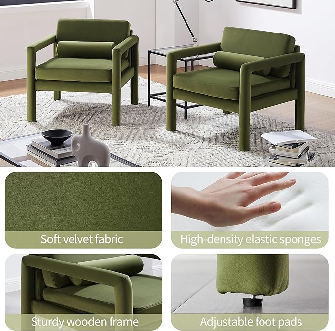 Art Leon Accent Chairs Set of 2, Modern Velvet Upholstered Arm Chairs, Sofa Chairs Lounge Chairs with Pillow for Living Room Bedroom, Green