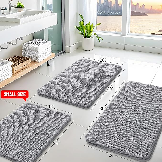 Arotive Bathroom Rugs 47x17, Extra Soft Absorbent Shaggy Chenille Bath Rugs, Machine Washable Rubber Backing Non-Slip Bath Mats for Bathroom Floor Tub and Shower, Home Decor Accessories, Grey