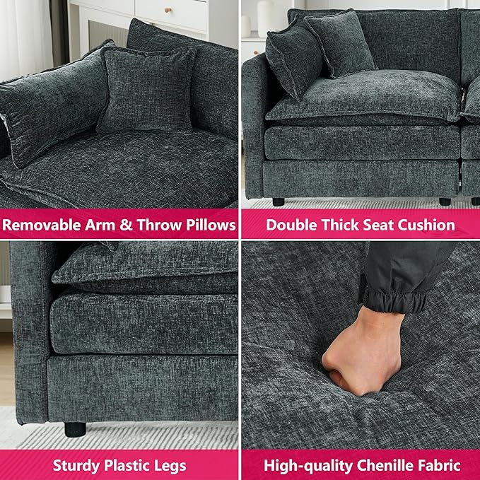 Aoowow Modular Sectional Sofa Modern Convertible Loveseat Couch,77.16 Inch Deep 2-Seater Sofas Comfy Chenille Cloud Sofas and Couches with Pillows for Living Room Apartment（Grey）