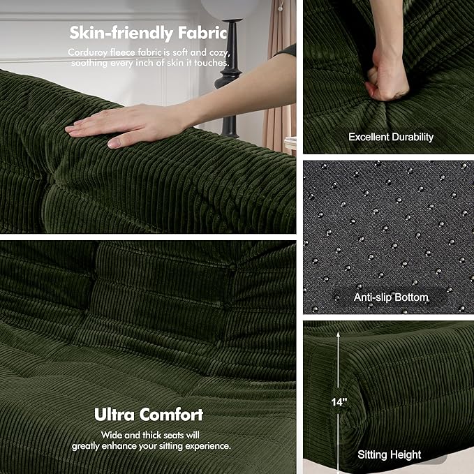 Bean Bag Chair,Giant Beanbag Chairs for Adults,Comfy Large Fireside Chair Lazy Sofa,Corduroy Bean Bag Lounger with Memory Foam Filled,Floor Sofa Couch for Home,Living Room (Green, Loveseat)