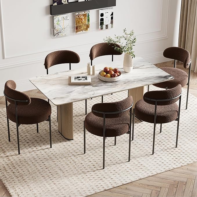 Farini Dining Chairs Set of 4,Mid-Century Modern Kitchen Chair Curved Backrest Round Upholstered Sherpa Dining Chairs with Metal Legs,Coffee