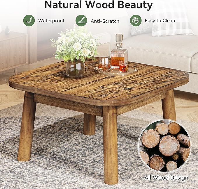 TRIBEWOOD Solid Wood Square Coffee Table, 31.5-Inch Farmhouse Center Table with Rounded Corners, for Living Room, Office, Apartment, Small Places, Easy Assembly, Rustic Brown