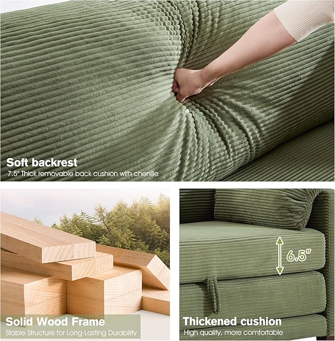 kakuboohi 65" Loveseat Sleeper Sofa Bed, Corduroy Convertible Sofa Bed for Small Spaces, Folding Couch Bed with Deep Seat, 2 Pillows & Solid Frame, Pull Out Floor Couches for Living Room, Green