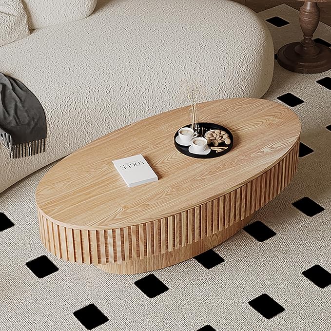 Oval Coffee Table for Living Room Modern Wood Center Tables with Storage Drum Tea Cocktail Fluted Mid Century Apartment Easy Assemble, Wood 31.5" D x 47.2" W x14.2 H