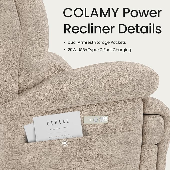 COLAMY Floren Power Swivel Recliner Chair with USB & Type-c Charge,Oversized and Padded Upholstered Deep Seat and Armrest，Rocking Recliner with Double Storage Pockets,Coffee