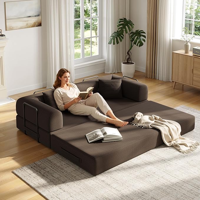 79 Inch 5-in-1 Convertible Sofa Bed, Corduroy Boneless Floor Couch with Fixed Frame & Pillow, Modular Folding Mattress Lounger for Small Space, Living Room, Bedroom - Easy Assembly(Brown)