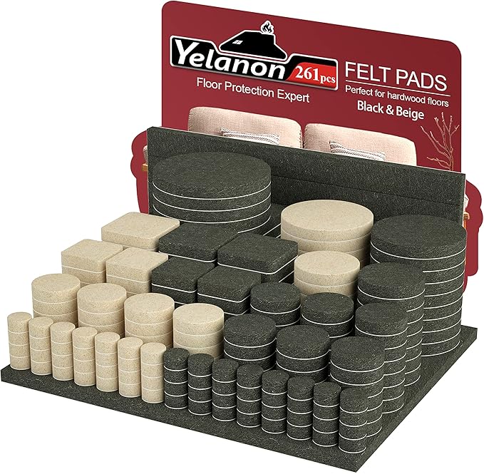 Yelanon Felt Furniture Pads for Hardwood Floors -261 Pcs Premium Floor Protectors for Furniture, Felt Pads for Chair Legs, Black & Beige