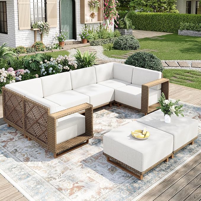 MIXPATIO 8 Pieces Outdoor Patio Furniture Set, Wicker Rattan Modular Patio Sofa Couch, Sectional Outdoor Conversation Set with 10" Extra Thick Cushions for Deck Backyard Lawn