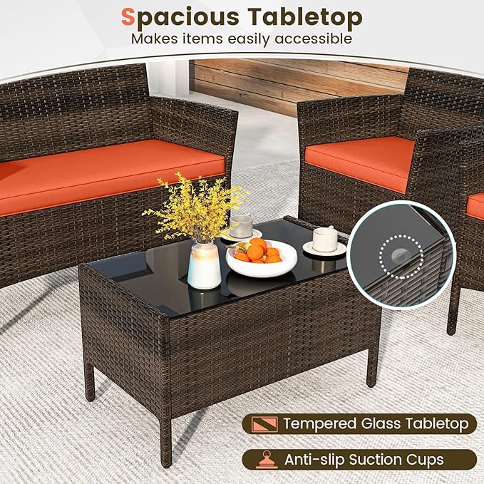HAPPYGRILL 8 Pieces Outdoor Rattan Conversation Set, Patio Wicker Furniture Set with Loveseat Chairs & Tempered Glass Coffee Table, Outside Sectional Sofa Set for Backyard Garden Poolside, Orange