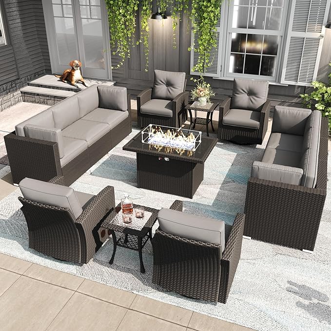 LayinSun 13 Pieces Patio Furniture Set with Fire Pit Table, Black Rattan Modular Sectional Outdoor Conversation Sofa Set, Swivel Rocking Chairs Set
