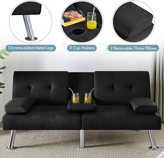Yaheetech Convertible Sofa Bed Adjustable Fabric Couch Sleeper Modern Recliner Reversible Loveseat Folding Daybed Guest Bed, Removable Armrests, Cup Holders, 3 Angles, 772lb Capacity, Black