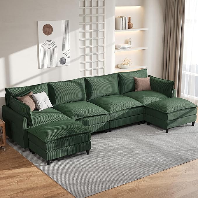 Apicizon 143" Cloud Souch Sectional, 4-Seat Deep Sofa Couch with Ottoman, Modern U Shape Sectional Cloud Sofa Corduroy for Living Room, Apartment, Office, Green
