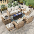 HERA'S HOUSE 8 Pieces Patio Furniture Set, All Weather 9 Seats Outdoor Wicker Sofa with Ottomans, Rattan Patio Conversation Set with 5.5" Cushions and 57" Fire Pit Table, Beige