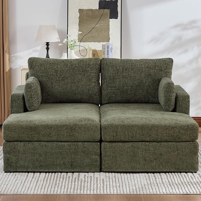 Arouseden Green Chaise Lounge Chair,63" Comfy Loveseat Sofa with Cylindrical Headrest for Neck Support,Chenille Chaise Lounge Indoor,Recliner Chair Oversized with Armrests and Throw Pillows