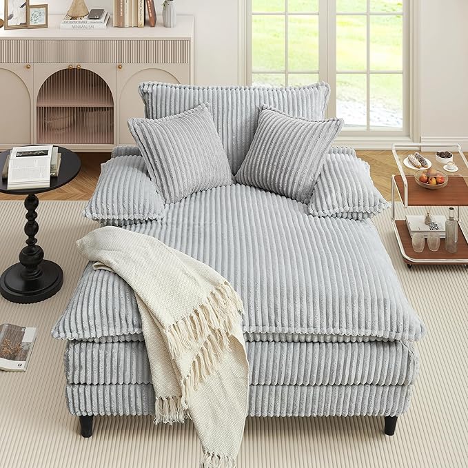 54.8" W Oversized Chaise Lounge Chair Indoor with 5-Position Adjustable Backrest, Corduroy Sleeper Sofa Bed with 3 Pillows, Modern Cloud Couch Chair for Living Room, Bedroom, Grey