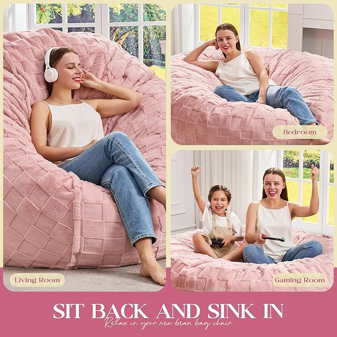Hobestluk Bean Bag Chairs Beanbag Chair with Filler Adult Bean Bags with Fluffy Cover, Giant Bean Bag Chairs for Aduts for Living Room, Bedroom (Pink, 6FT - 70" x 70" x 15")