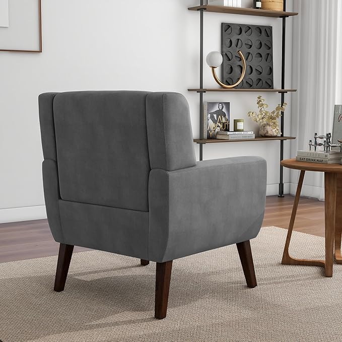 Accent Chair, Mid-Century Modern Velvet Fabric Chairs with Arms for Living Room, Comfy Upholstered Club Single Sofa Armchair for Bedroom Waiting Room with Solid Wood Frame (Velvet Grey, Set of 2)