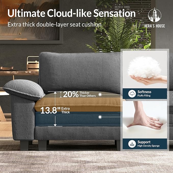 HERA'S HOUSE 2 Pieces Modular Sectional Sofa Sets, Oversized Couch Set with Loveseat and Armchair, Comfy Cloud Couches with Throw Pillows, 3-Seater Deep Seat Sofa for Living Room, Corduroy Grey
