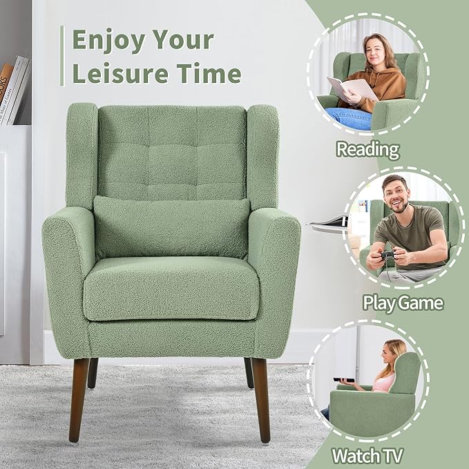 CHSICFOR Modern Accent Chair, Upholstered Arm Chair with Waist Pillow, Single Sofa Chair for Living Room Bedroom Small Spaces (Light Green)