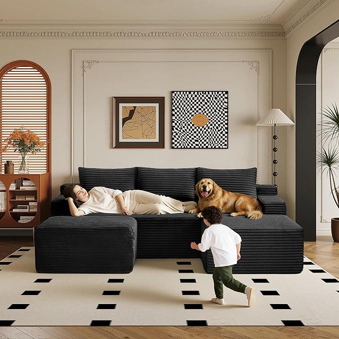 96" Sectional Couches for Living Room Cloud Couch Sofa with L-Shape Upholstered Boneless Couchs Modern Modular Sectional Couch with Chaise (Black, 96" W+Left Facing Chaise+2Seaters+Ottoman)