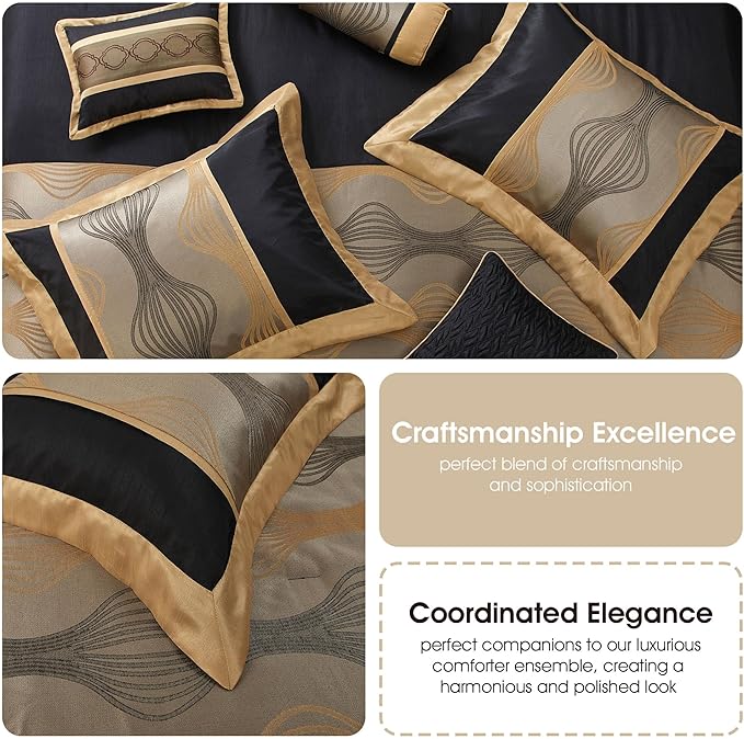 Grand Avenue Elegant Black and Gold Comforter Set Califirnia King Size, Striped,15 Piece Room-in-A-Bag, Jacquard Bedding Set, All Season, Matching Decorative Pillows, Pillow Sham, Curtains