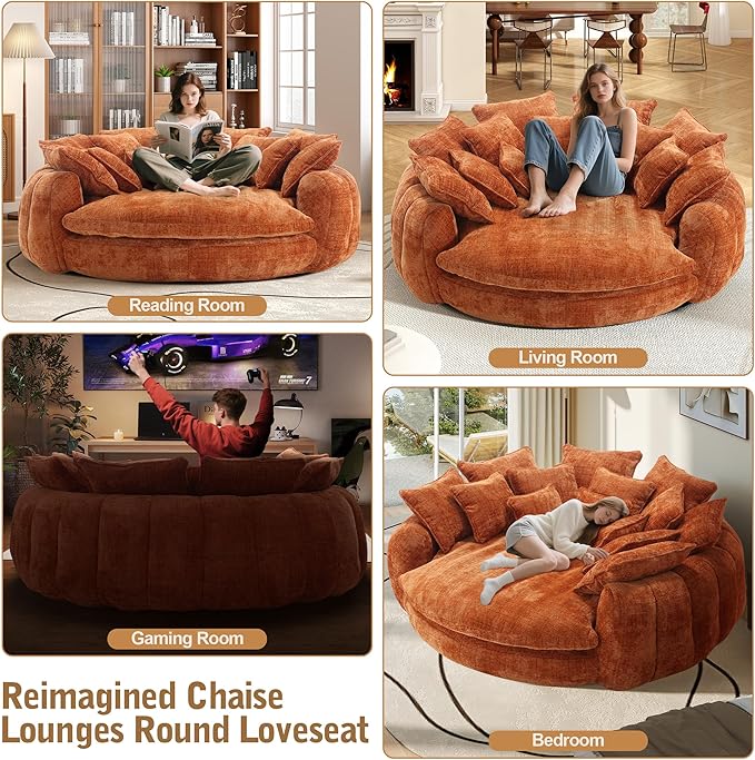 82'' Oversized Upholstered Sofa Bed, Round Chaise Lounge Chair Indoor, Modern Chenille Boneless Couch, No Assembly Required, Plush Sleeper Chair with 14 Pillows for Living Room, Orange