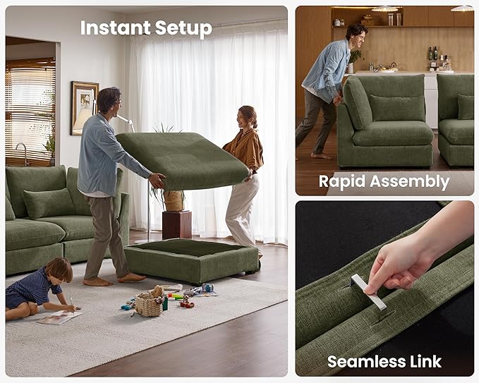 Oversized Modular Sofa, Extra Deep Cloud Chenille Sectional Couch with Ottoman Chaise, Fluffy Chenille 4 Seater Sofa for Living Room, Villa (Basic 4 Seater, Chenille Green)