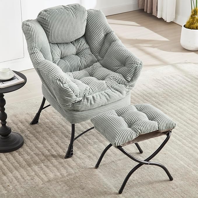 KEIKI Accent Chair with Storage & Ottoman, Flannelette Reading Corner Lazy Chairs w/Steel Frame, Comfy Lounge Arm Chair W/Footrest, Leisure Sofa Armchair for Living Room, Easy Assembly, Light Green