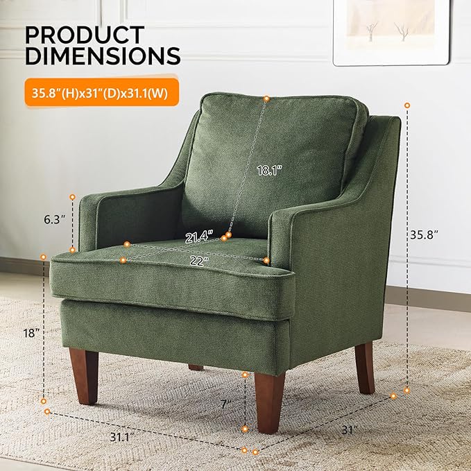 VINGLI Mid-Century Modern Accent Chair, Green Upholstered Armchair Comfy Sofa Chair Reading Chair High Back for Living Room Bedroom Furniture Apartment