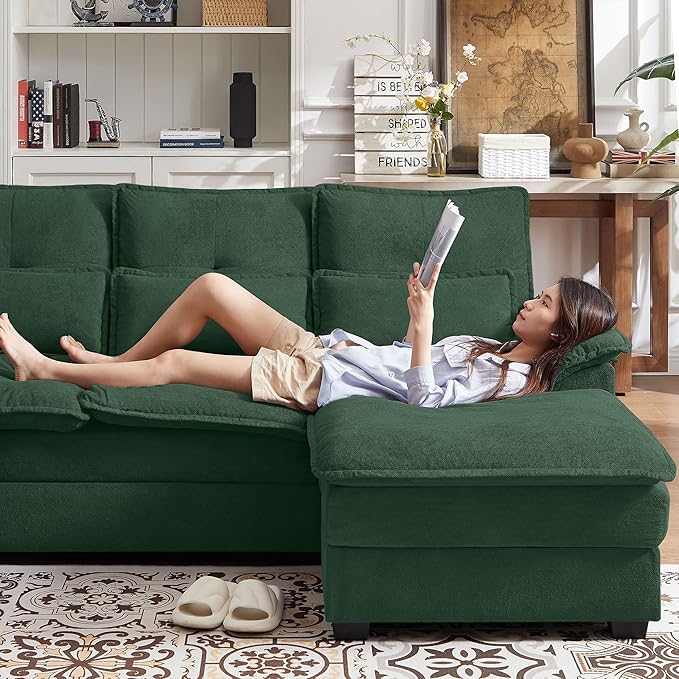 Jarenie 110" Convertible Sectional Sofa, U Shape Cloud Couch, Comfy Couches with Double Chaise and Sleepable Armrests, 4 Seats Sectional Couches for Living Room, Green