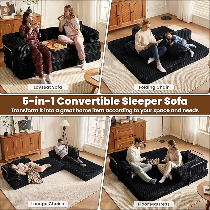 ovios 81" Folding Sofa Bed, Foldable Sleeper Boneless Couch with Pull Out Beds, Modular Convertible Floor Futon Loveseat Lounger for Living Room (Faux Fur, Black)