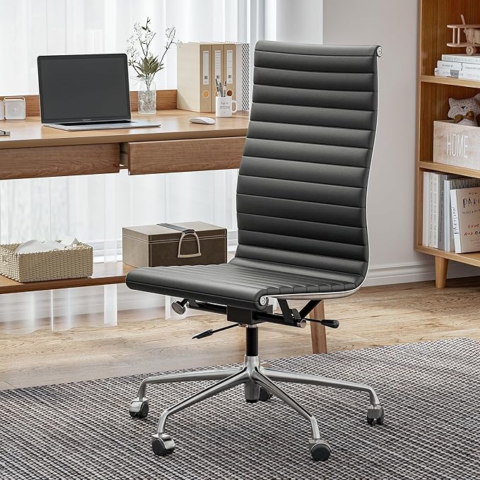 OTDMEL Armless Ribbed Office Desk Chair with Top Grain Leather, High Back Ergonomic Swivel Room Chair, Adjustable Height 5-Star Base, Black