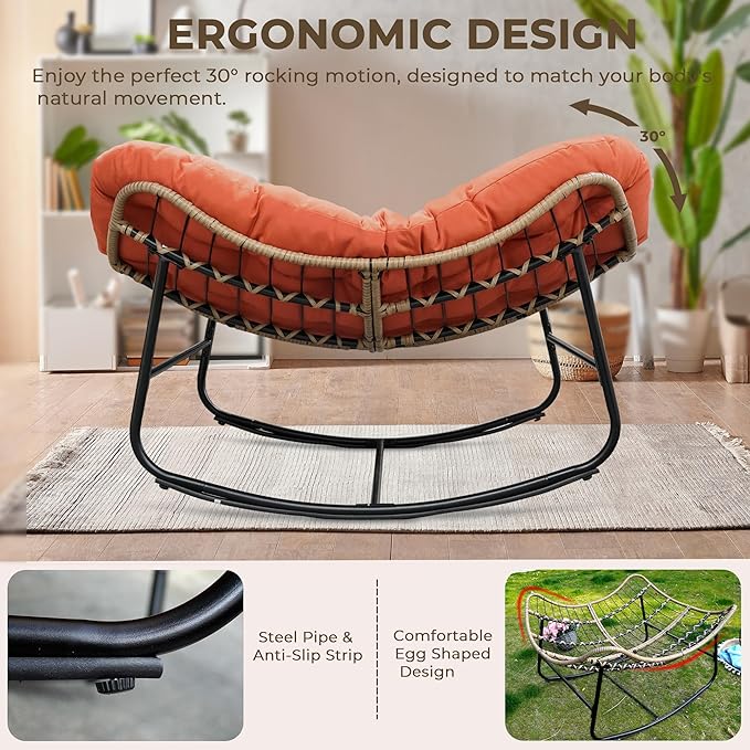 Sgentle Papasan Rocking Chair for Outdoor & Indoor, Oversized Patio Rocking Chair with Cushions & Steel Frame, Wicker Egg Lounge Chair, Comfy Reading Chair for Patio, Deck, Porch (Red, Style 2)