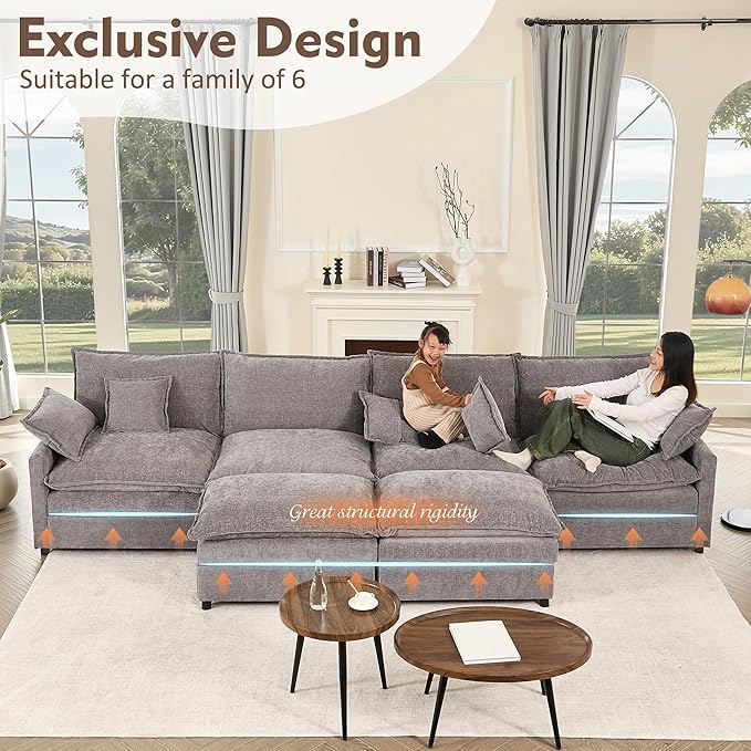 GOSUHI 142.5" U Shaped Couch, Modular Sectional Sofa, 3-Seater Comfy Cloud Couch with Movable Ottoman, Deep Seat Couches for Living Room, Chenille, Slate