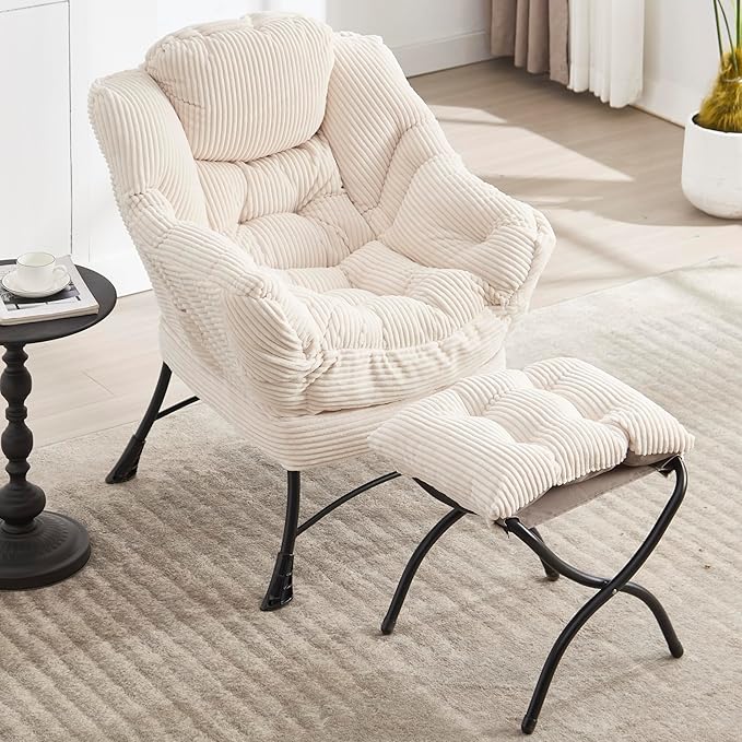 KEIKI Accent Chair with Storage & Ottoman, Flannelette Reading Corner Lazy Chairs w/Steel Frame, Comfy Lounge Arm Chair W/Footrest, Leisure Sofa Armchair for Living Room, Bedroom, Easy Assembly, White