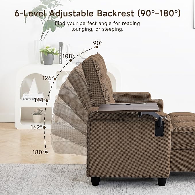 oaaktu Single Modern Comfy Upholstered Chaise Lounge Sofa Chair with Rotating Side Table,Storage,Pillow,USB Charging Ports and Adjustable Backrest Perfect for Living Room, Small Spaces (Coffee)