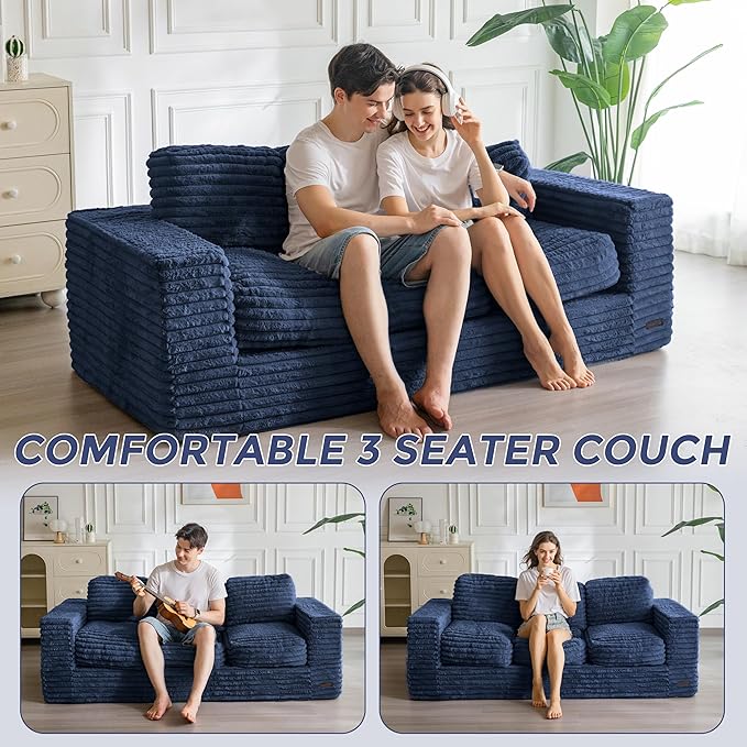 MAXYOYO 3-Seater Boneless Sofa Couch, Modern Faux Fur Sofa for Living Room, Soft Bean Bag Chair High-Density Foam Couch with Pillows, No Assembly Required