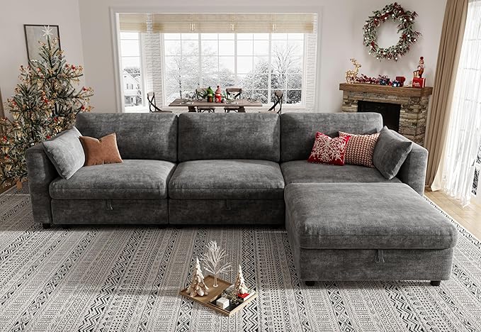 KKL Modular Sectional Oversize Sofa - Apartment Sofa Bed with Adjustable Backrest, 113" L Shaped Couches for Living Room, Down Filled Sectional Couch with Storage Ottoman Chenille, Grey