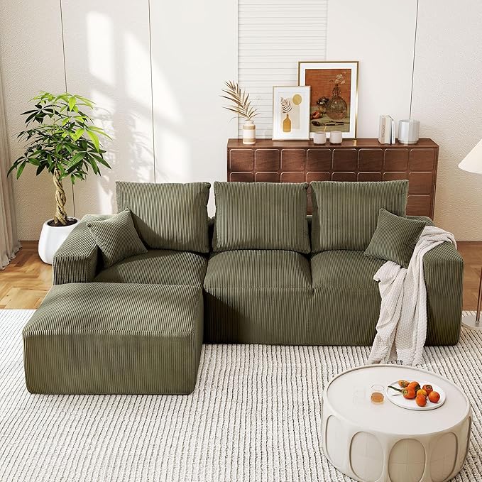 WESTSETLUX 108” Cloud Sectional Sofa Couch with High-Seat, Corduroy Modular Sofa with Oversized Chaise, High-Back Modern L-Shaped Couches for Living Room, No Assembly Required (Green)