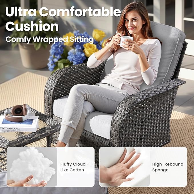 ovios 3 Pieces Patio Furniture Set, Outdoor Rocking Chairs of 2, Wicker Swivel Glider Chairs with Side Table Thick Cushions, All Weather Rattan Bistro Set for Porch, Grey