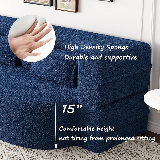 Modern Floor Sofa with 2 Pillows, Convertible Teddy Fabric Foam-Filled Sleeper Sofa Bed for Living Room, Guest Bed, Playroom, No Assembly Required, Blue